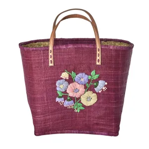 Rice DK Raffia Bag with Heavy Flower Embr. in Soft Plum - Leather Handles - Large