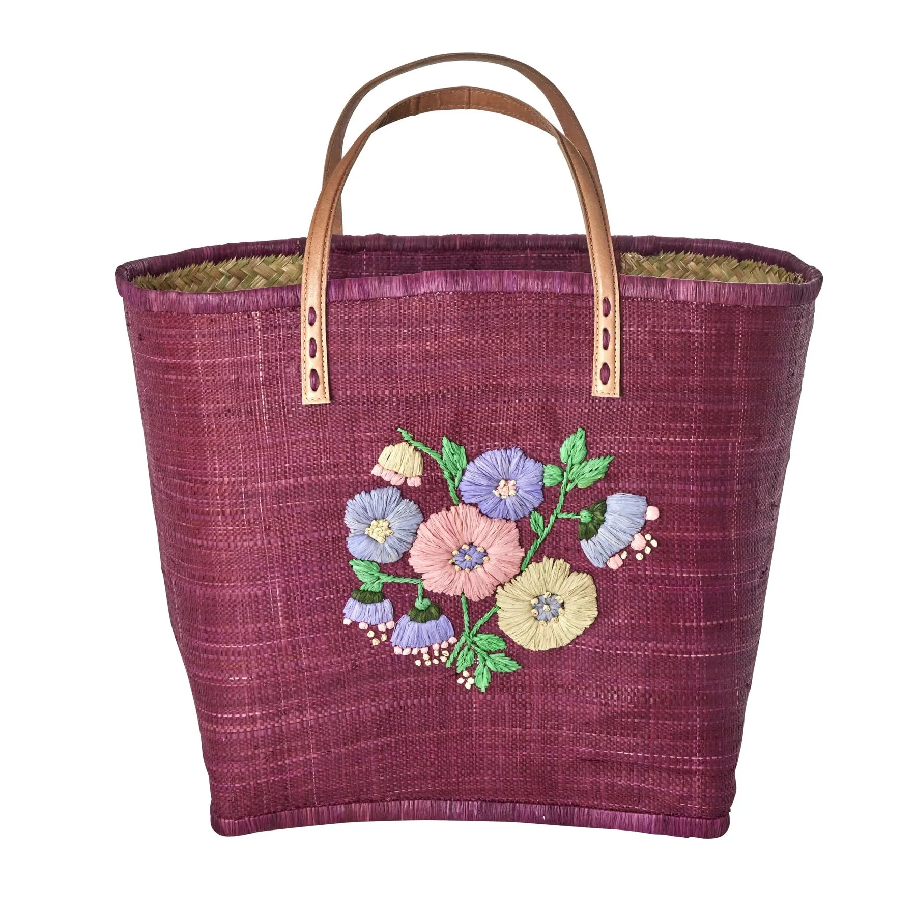 Rice DK Raffia Bag with Heavy Flower Embr. in Soft Plum - Leather Handles - Large