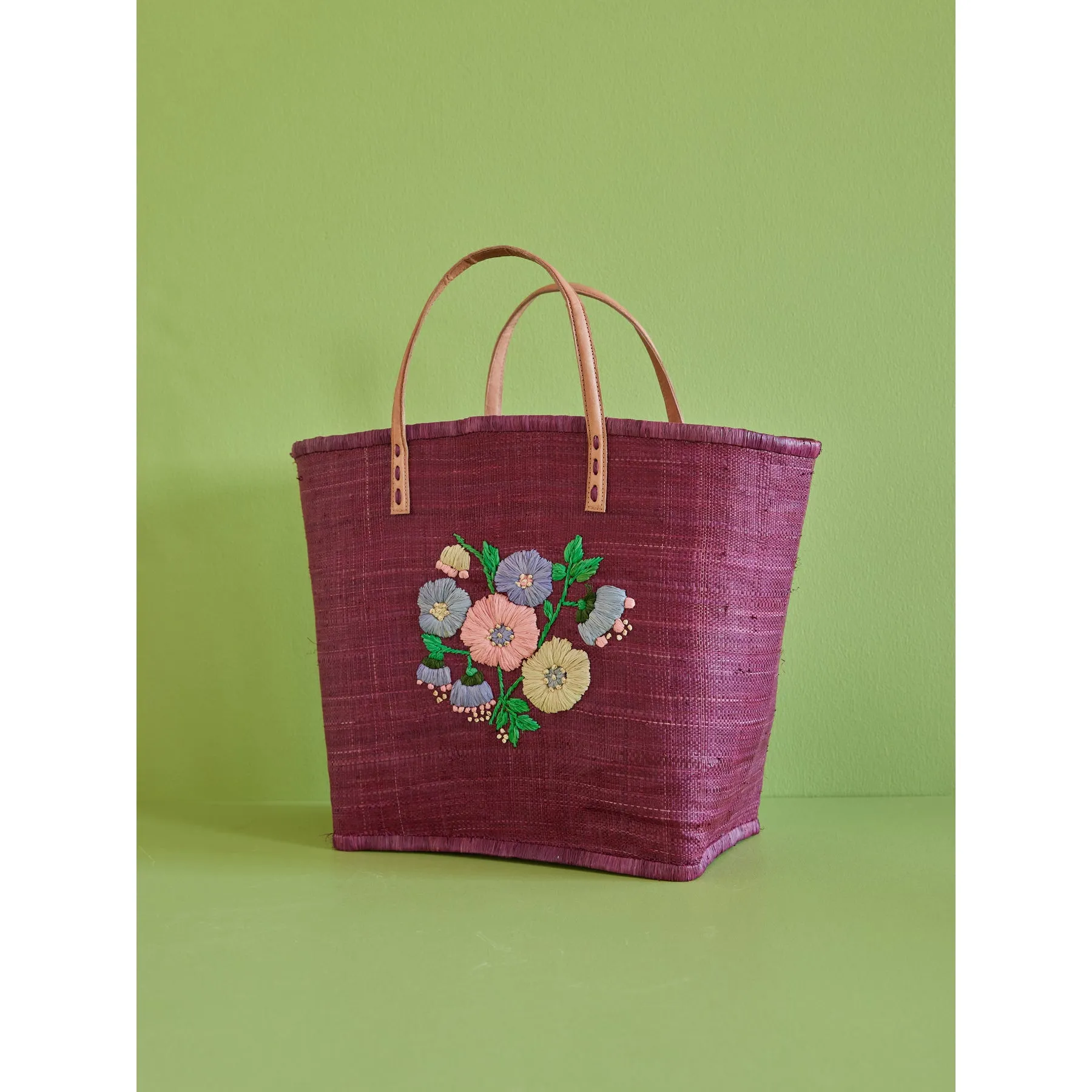 Rice DK Raffia Bag with Heavy Flower Embr. in Soft Plum - Leather Handles - Large