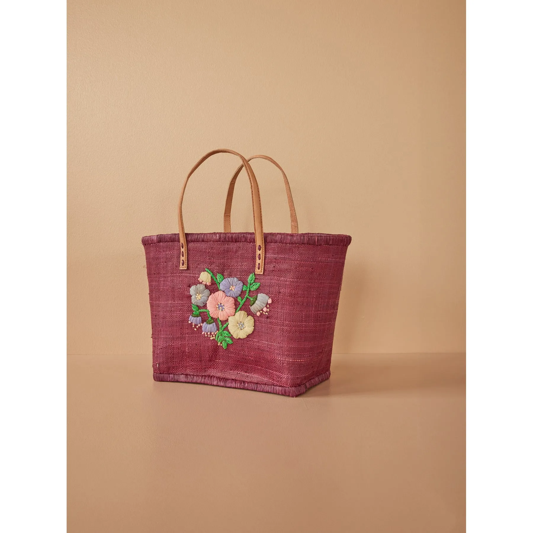 Rice DK Raffia Bag with Heavy Flower Embr. in Soft Plum - Leather Handles - Medium