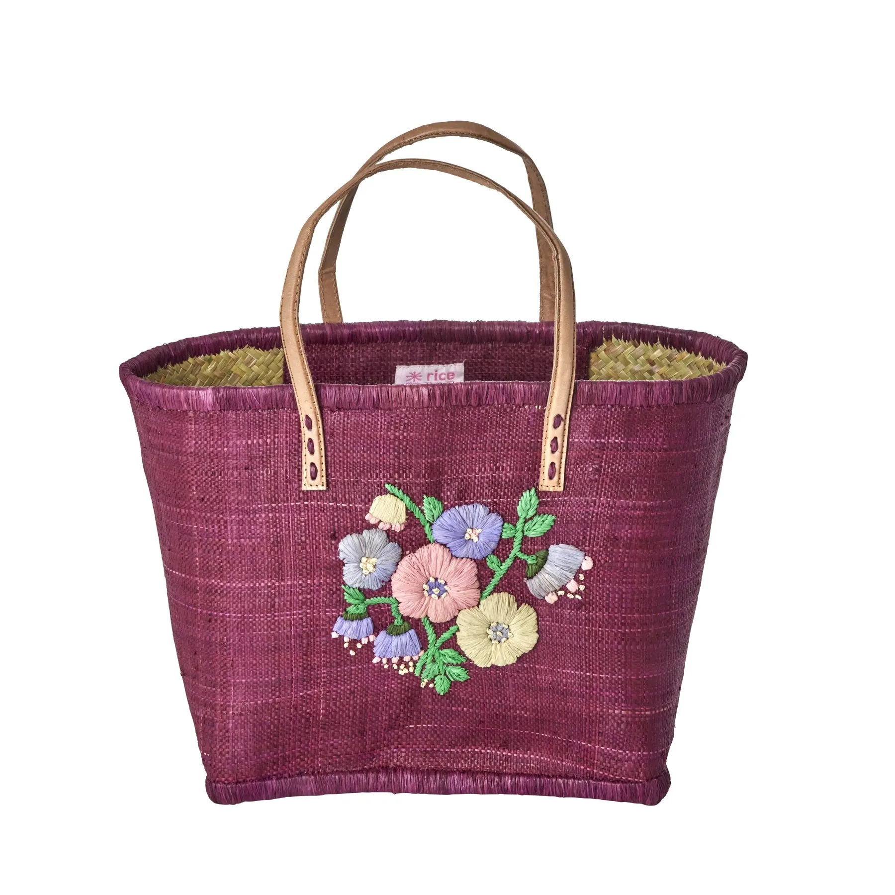 Rice DK Raffia Bag with Heavy Flower Embr. in Soft Plum - Leather Handles - Medium