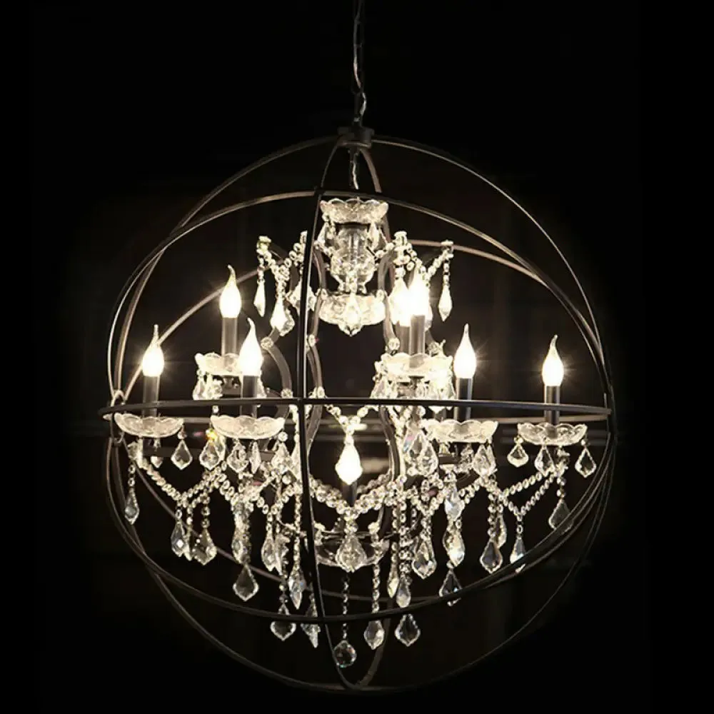 Rustic Black Metal Chandelier with Crystal Decorations - Elegant Hanging Light