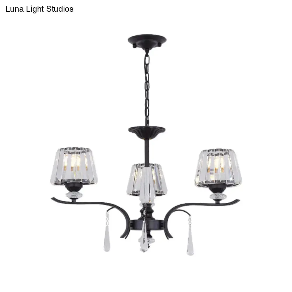 Simple Beveled Crystal Chandelier - 3 Lights - Elegant Black Suspension Lamp with Droplet