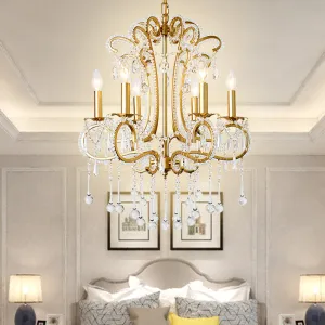 Vintage Gold Finish Crystal & Metal Pendant Light - 6-Light Suspension for Bedroom