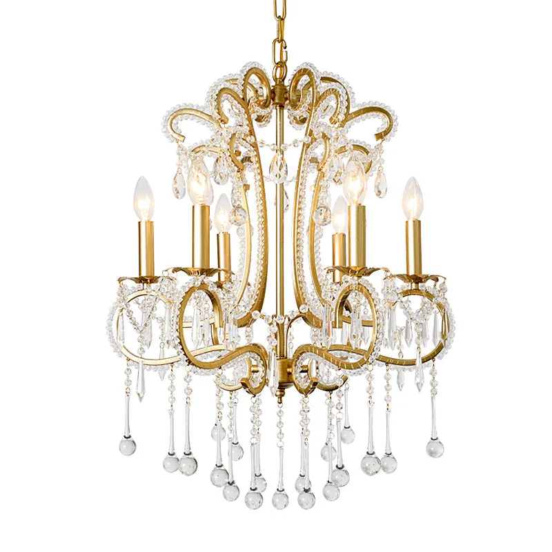 Vintage Gold Finish Crystal & Metal Pendant Light - 6-Light Suspension for Bedroom