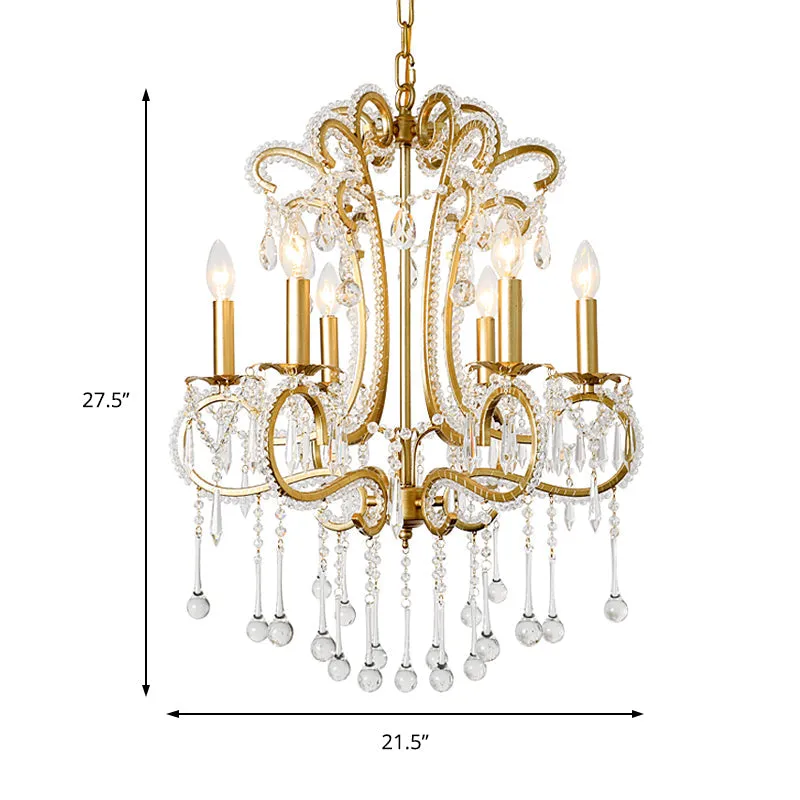 Vintage Gold Finish Crystal & Metal Pendant Light - 6-Light Suspension for Bedroom