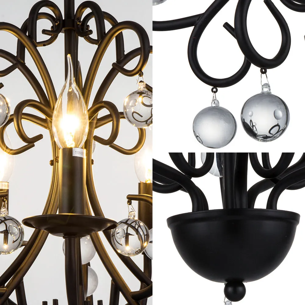 Vintage Style Black Metal Chandelier Lamp with 5 Lights - Dining Room Suspension Light with Crystal Ball