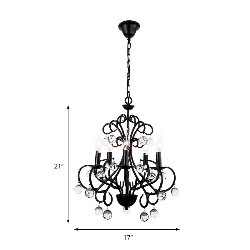 Vintage Style Black Metal Chandelier Lamp with 5 Lights - Dining Room Suspension Light with Crystal Ball