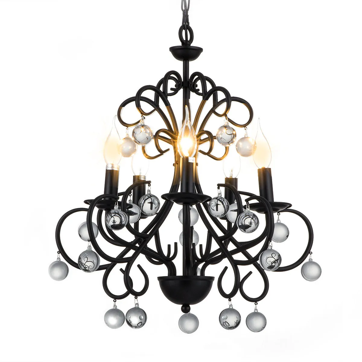 Vintage Style Black Metal Chandelier Lamp with 5 Lights - Dining Room Suspension Light with Crystal Ball