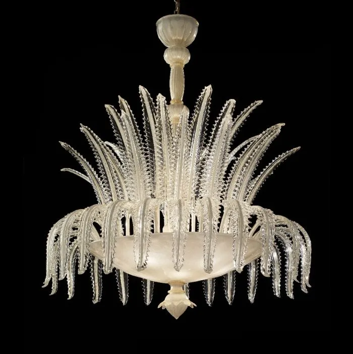 White, Gold & Clear Murano Glass Leaf Chandelier