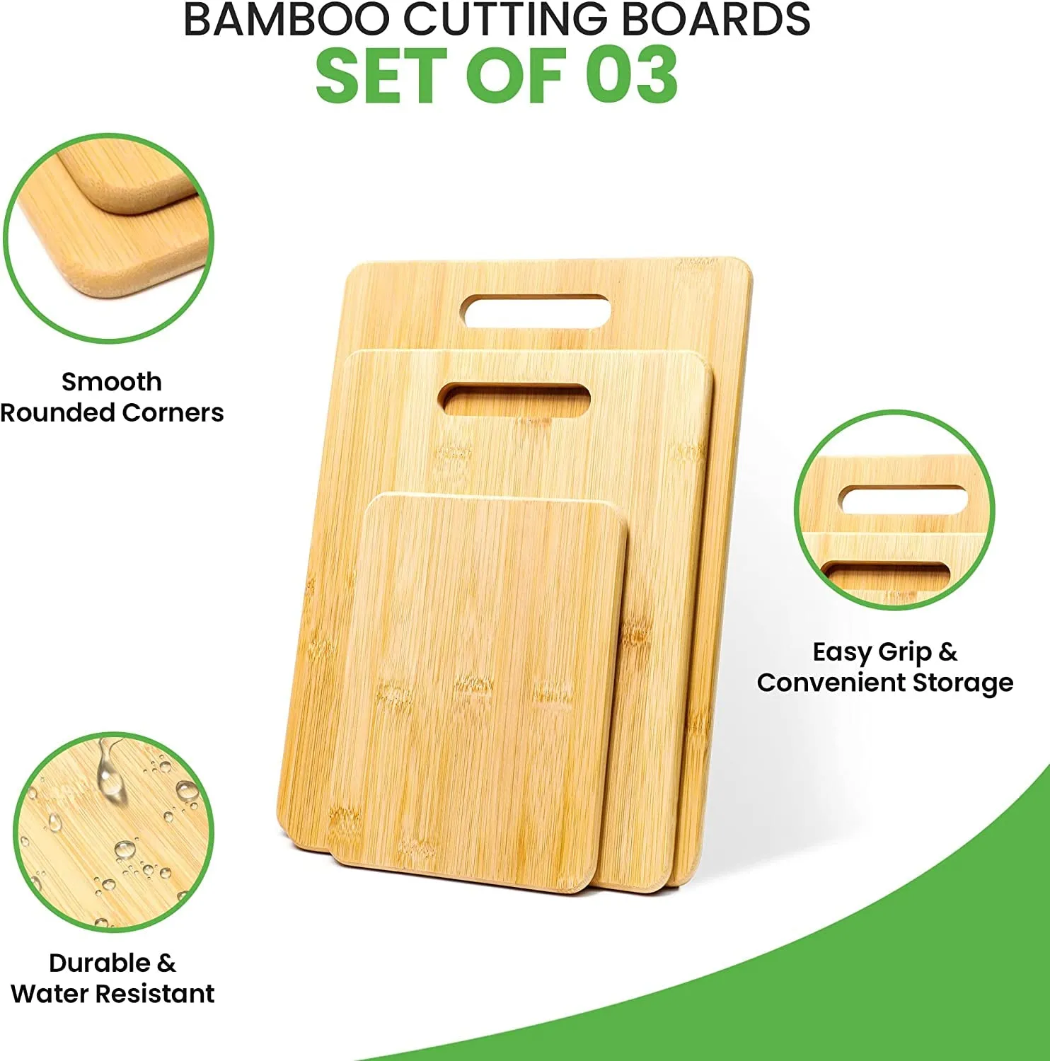 Wood Bamboo Cutting Board Set of 3 with Handle, Organic Wood Cutting Board for Chopping Meat, Butcher Block, Veggies & Cheese, for Kitchen