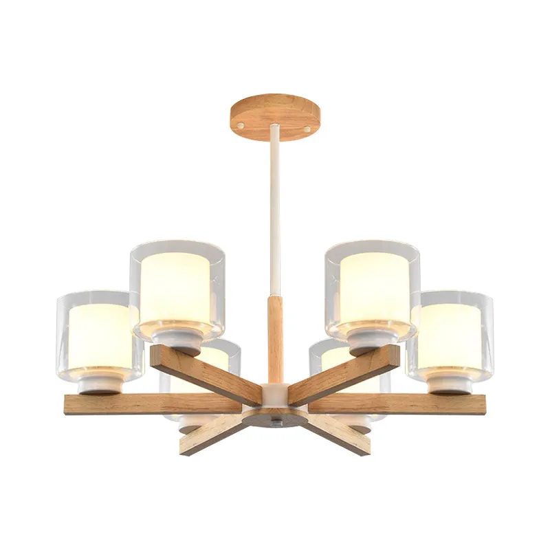 Wooden Double Glass Chandelier with Cylinder Shade - 3/6 Lights for Living Room Ceiling