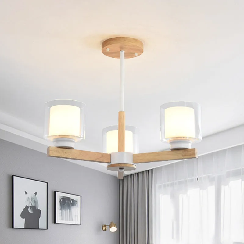 Wooden Double Glass Chandelier with Cylinder Shade - 3/6 Lights for Living Room Ceiling