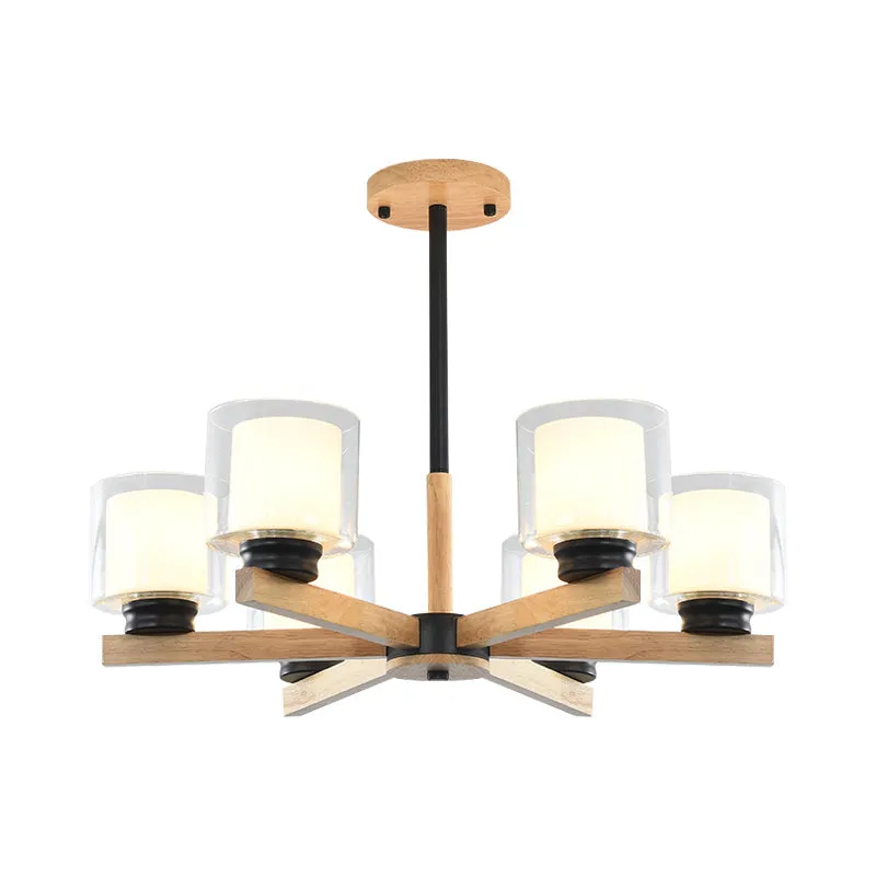 Wooden Double Glass Chandelier with Cylinder Shade - 3/6 Lights for Living Room Ceiling