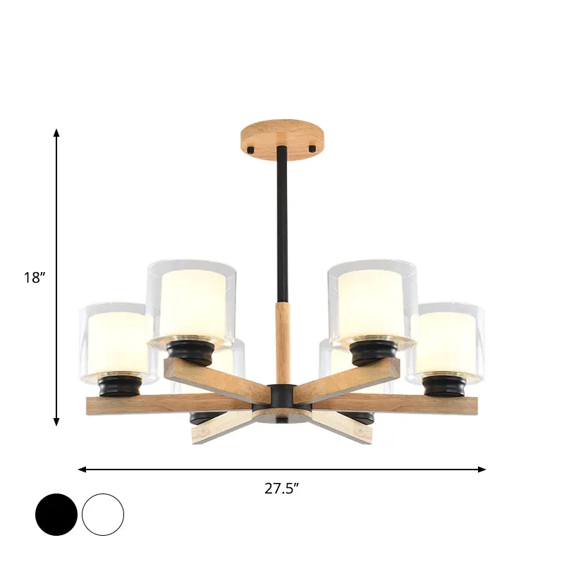 Wooden Double Glass Chandelier with Cylinder Shade - 3/6 Lights for Living Room Ceiling