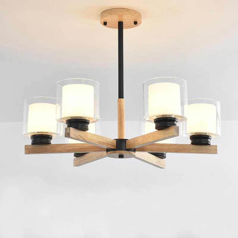 Wooden Double Glass Chandelier with Cylinder Shade - 3/6 Lights for Living Room Ceiling