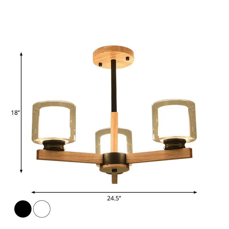 Wooden Double Glass Chandelier with Cylinder Shade - 3/6 Lights for Living Room Ceiling