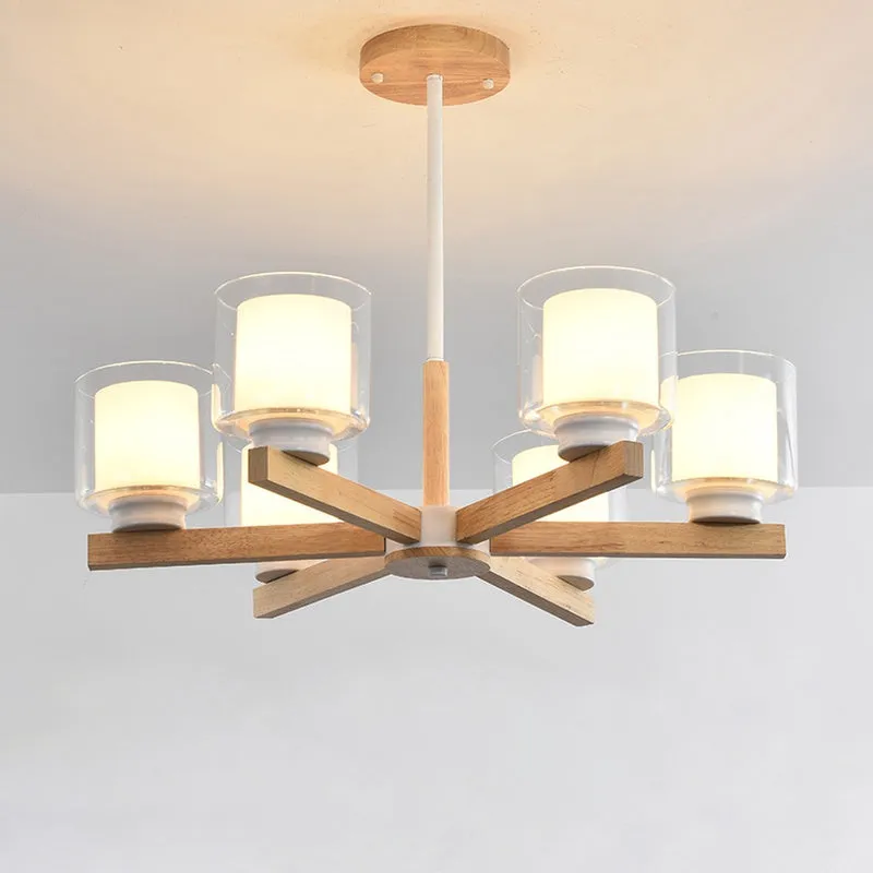 Wooden Double Glass Chandelier with Cylinder Shade - 3/6 Lights for Living Room Ceiling