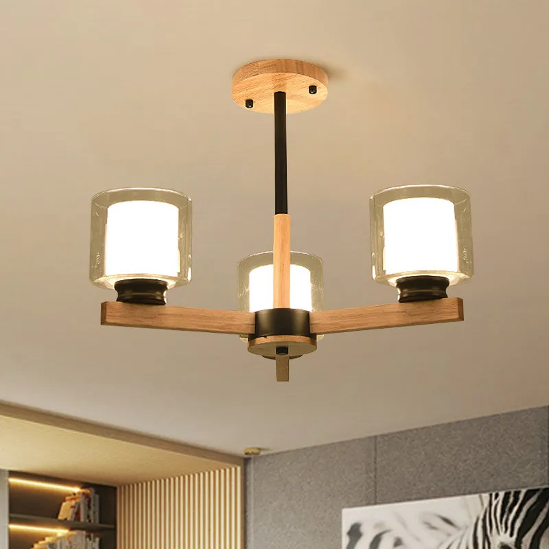 Wooden Double Glass Chandelier with Cylinder Shade - 3/6 Lights for Living Room Ceiling