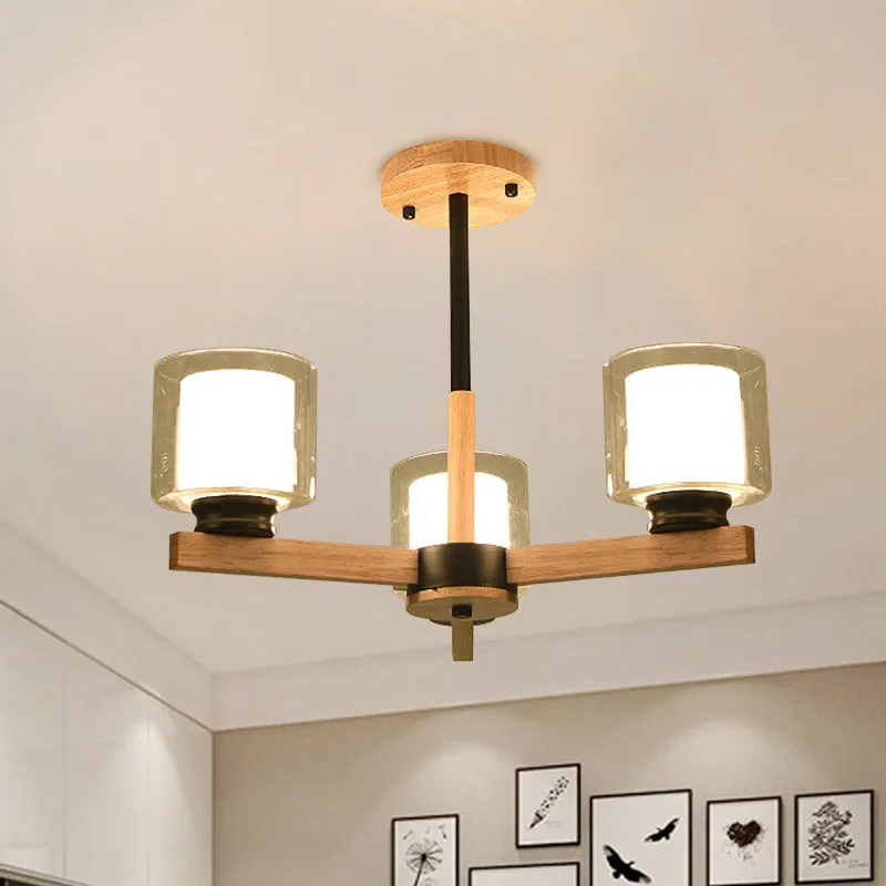 Wooden Double Glass Chandelier with Cylinder Shade - 3/6 Lights for Living Room Ceiling