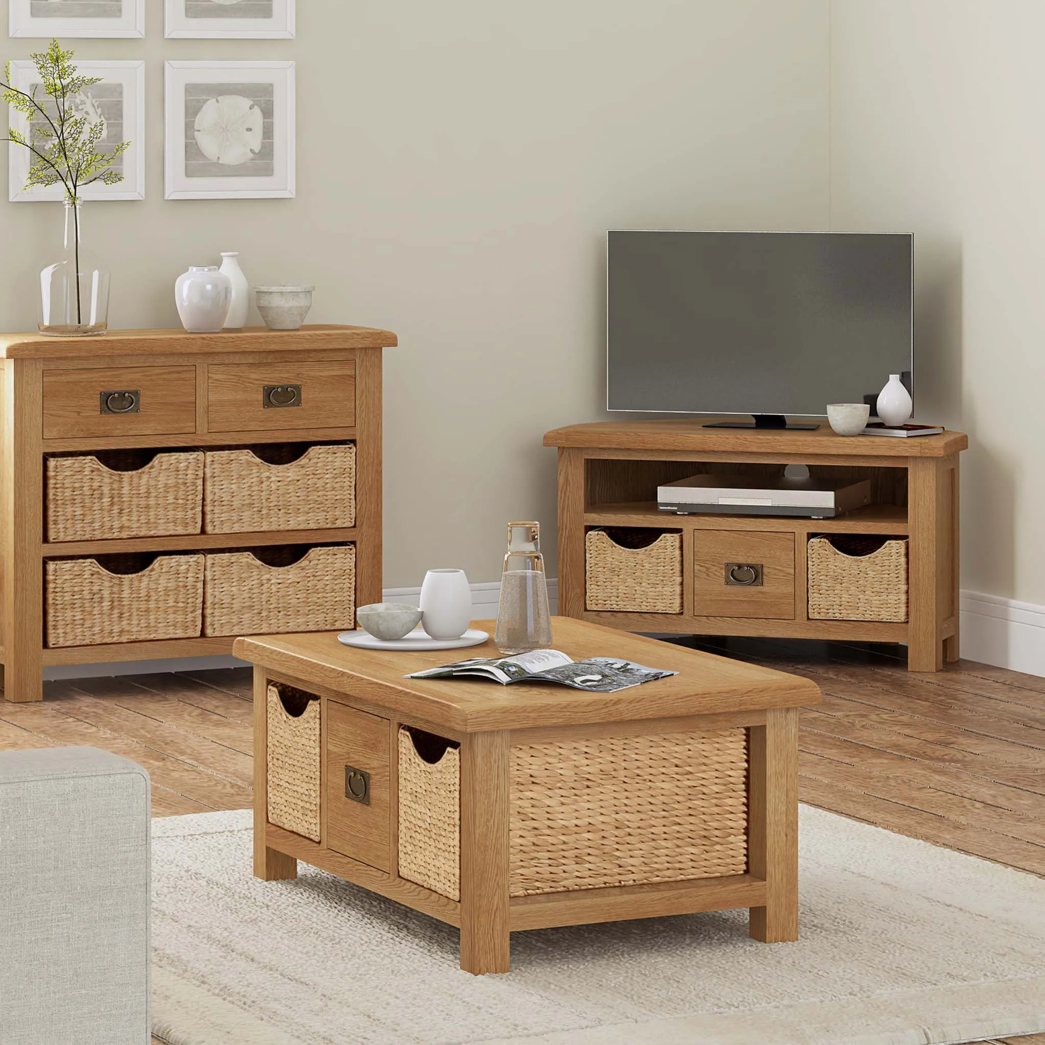 Zelah Oak Coffee Table with Baskets